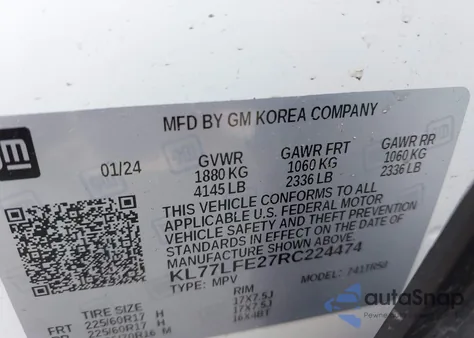 2024 Chevrolet Trax Fwd Sp z USA, uszkodzony, nr VIN KL77LFE27RC224474